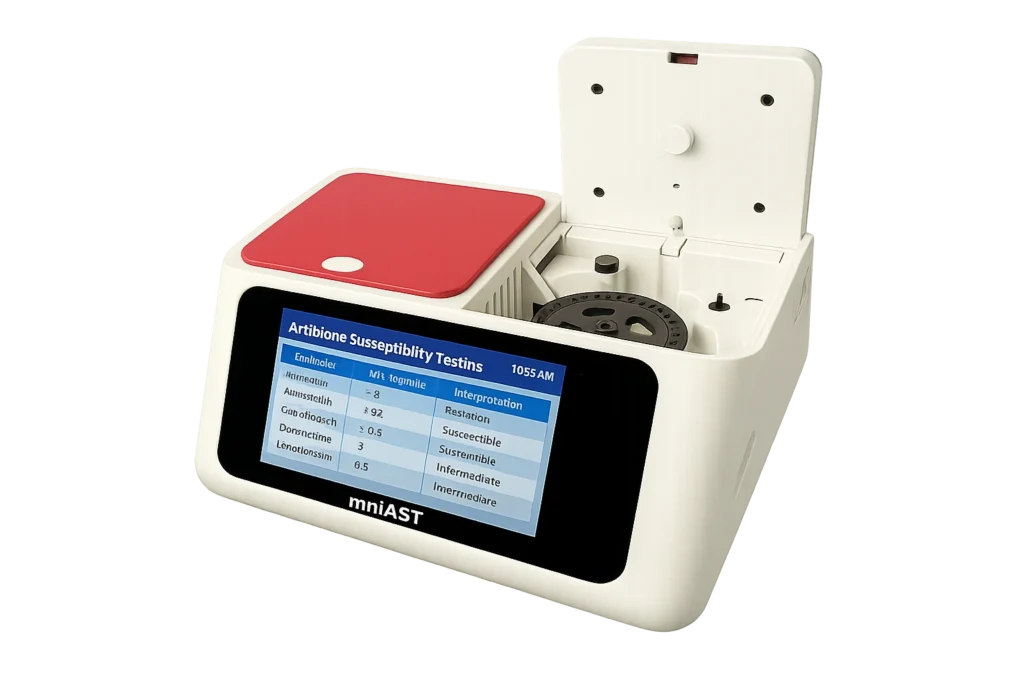 analizzatore antibiogramma veterinario, analizzatore miniAST Bioguard, test di sensibilità antibiotica rapido, antibiogramma per piccoli animali, antibiogramma automatico veterinario